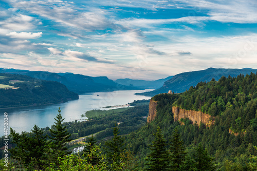 Panoramic view of Columbia River and valley, Corbett, Oregon State and Washington State, USA.