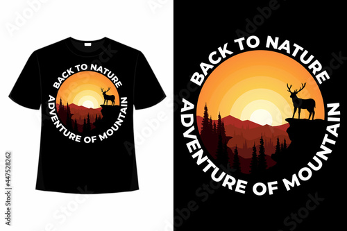 T-shirt design of adventure mountain nature deer hand drawn style retro vintage illustration