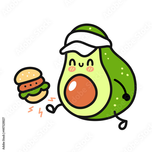 Cute funny happy avocado kick burger.Vector hand drawn cartoon doodle kawaii character illustration icon.Isolated on white background.Avocado, sport, healthy food cartoon smile happy character concept