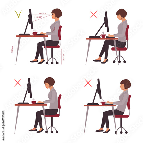 correct sitting position, office desk posture, vector