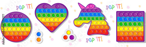 Simple Dimple. A set of popular pop toys in rainbow colors and a simple handmade toy with dimples. Anti-stress, relaxing. Illustration on a white background.