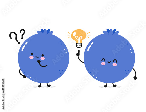 Cute happy smile funny blueberry with question. Vector flat line cartoon kawaii face character illustration icon. Isolated on white background. Blueberry berry cartoon baby mascot character concept