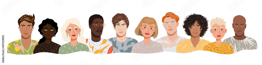 Portraits of modern young diverse people standing together. Banner of stylish people group. Boys and girls different nationality set. Vector flat cartoon illustration of trendy people avatars Portraits of modern young diverse people standing together. Banner of stylish people group. Boys and girls different nationality set. Vector flat cartoon illustration of trendy people avatars