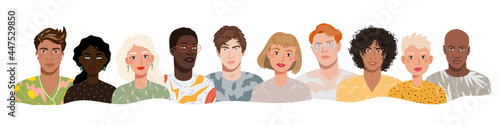 Portraits of modern young diverse people standing together. Banner of stylish people group. Boys and girls different nationality set. Vector flat cartoon illustration of trendy people avatars