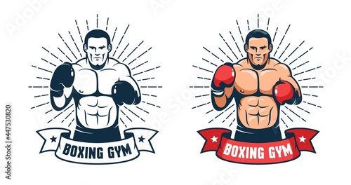 Boxing gym vintage logo. Boxer in fighting stance with ribbon - retro emblem. Vector illustration.
