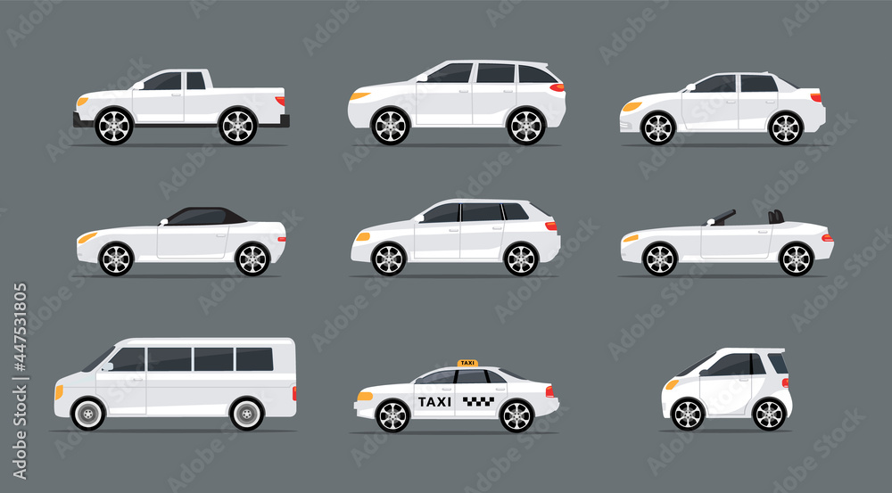 Naklejka premium Car side view profile vector icon modern sedan bus. Vector car side view icon set