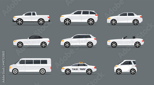 Car side view profile vector icon modern sedan bus. Vector car side view icon set