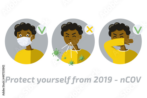 African male character sneezing in elbow infographic virus spread prevention how to sneeze right and wrong. Flat vector illustration.