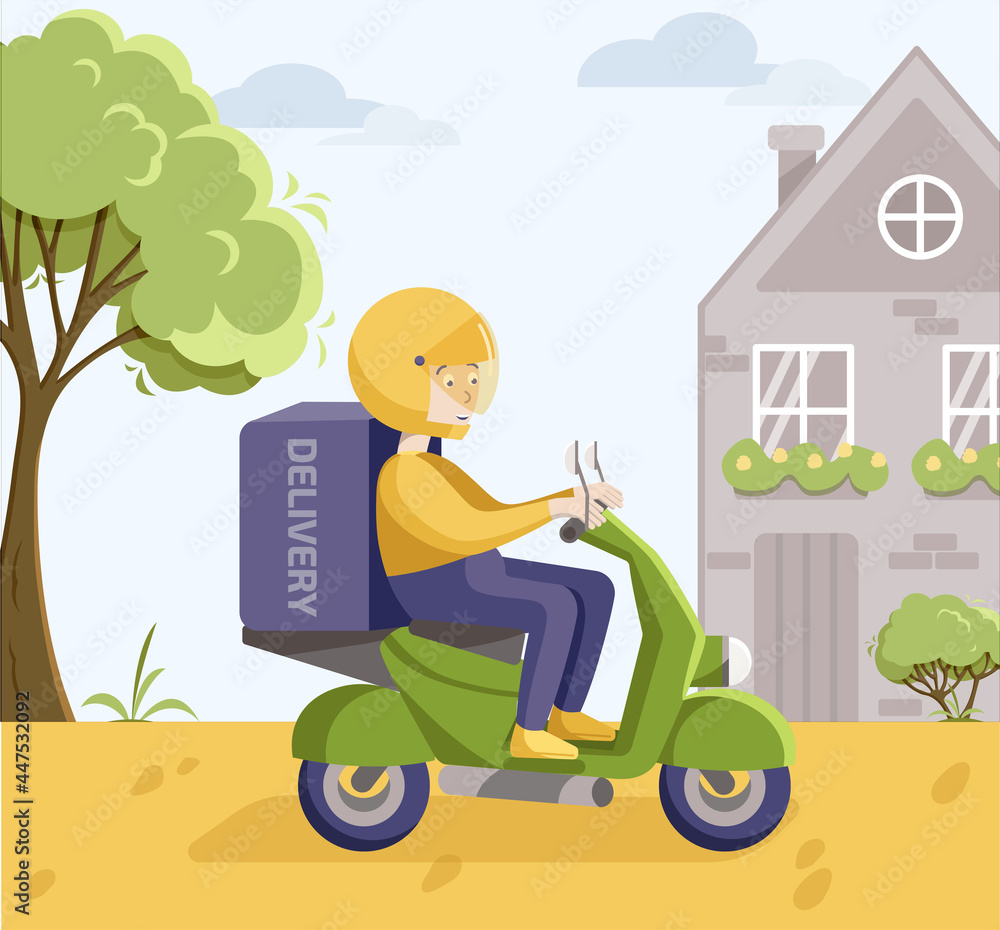 Online service food delivery, courier in uniform on the yellow motorbike brought package to door, Food delivery services while quarantine. Stay safe concept. Flat vector illustration.