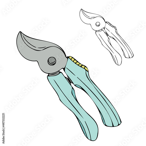 Hand drawn outline pruners for gardening  in color and in black. Vector illustration.