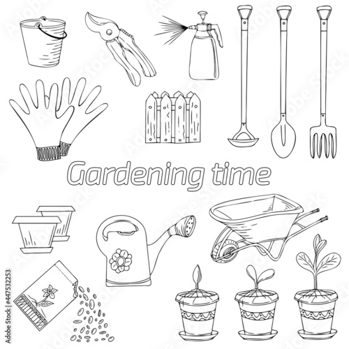 Hand drawn collection of gardening tools in black outline style, gloves, watering can, fence, flower pot, seeds pack, cleaning spray, bucket, wheelbarrow, pruners. Gardening time. Vector illustration.