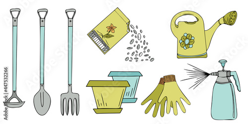 Doodle hand drawn collection of gardening tools in color, gloves, watering can, flower pot, seeds pack, cleaning spray. Vector illustration.