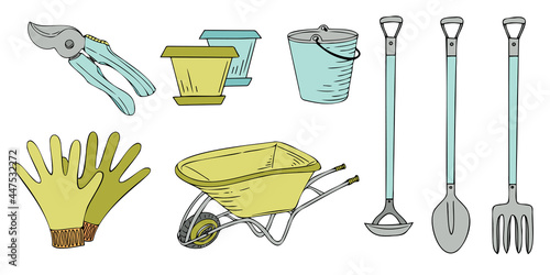 Doodle hand drawn collection of gardening tools in color, gloves, bucket, flower pot, wheelbarrow, pruners. Vector illustration.