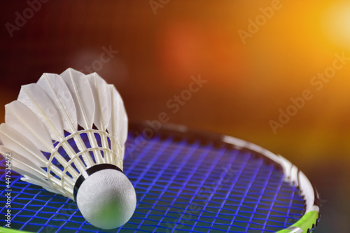 Closeup view of badminton racket and white badminton shuttlecock on badminton court. soft and selective focus on shuttlecock. © Sophon_Nawit
