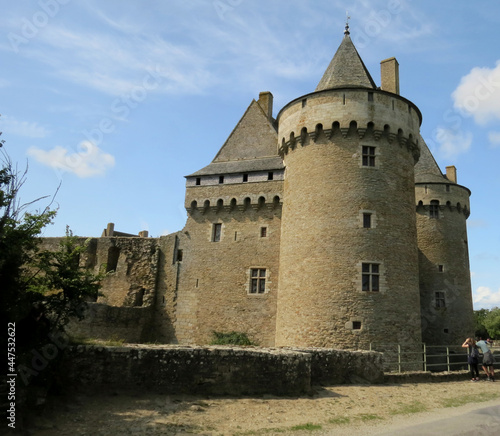 Exterior views of the castle of Suscinio: towers and moat, in Sarzeau in Morbihan, next to the Atlantic Ocean, in Brittany, France