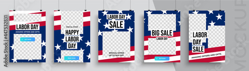 Happy Labor Day poster editable template. Set of social media mobile app for shopping, sale, product promotion.