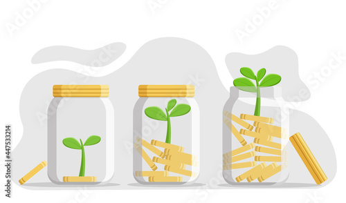 Economic concept, stock market graph rising, save and grow money. Green plants in banks. Vector illustration in flat style