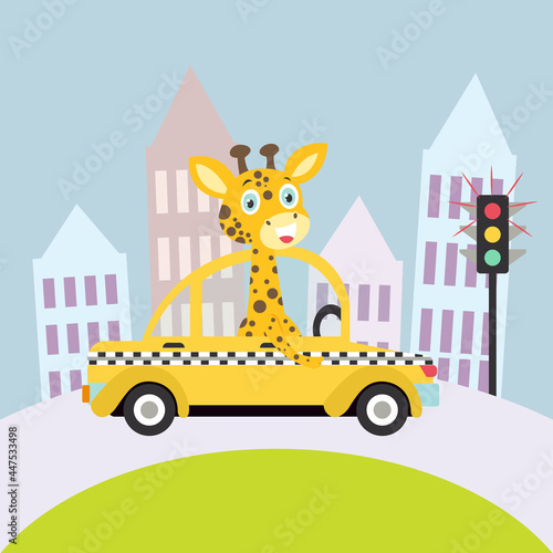 Funny giraffe cartoon in the yellow taxi vector illustration
