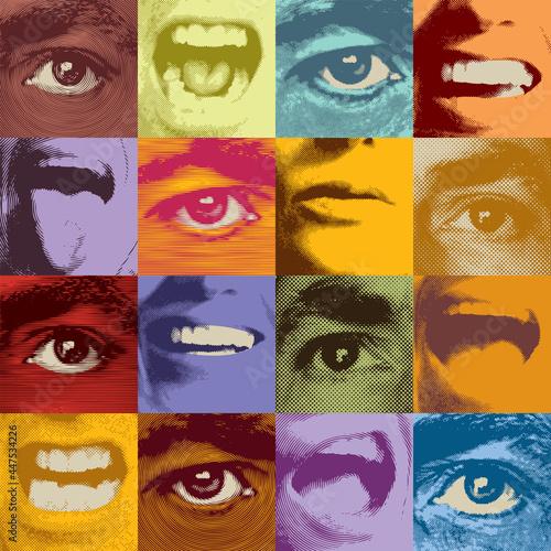 Abstract seamless pattern with square fragments of human faces with eyes and mouths expressing various emotions. Color vector background in retro style. Suitable for wallpaper, wrapping paper, fabric