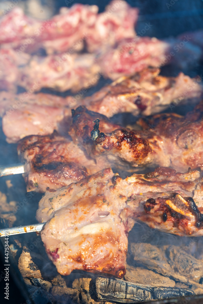 Meat on skewers is fried on coals with smoke Meat on skewers is fried on coals with smoke