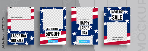 Happy Labor Day poster editable template. Set of social media mobile app for shopping, sale, product promotion.