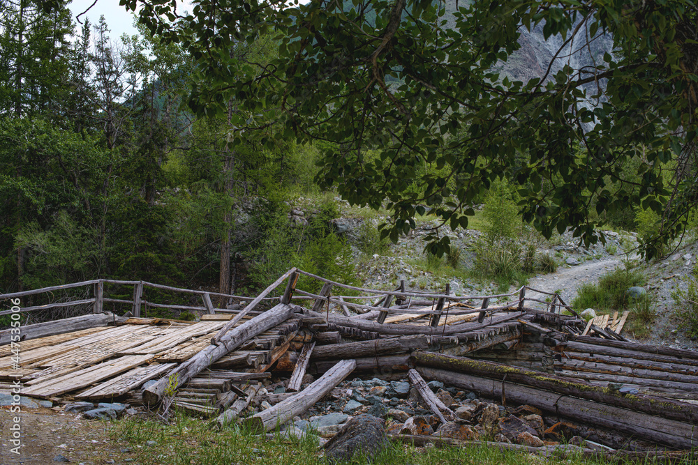picturesque view of wooden broken bridge near forest at summer day 