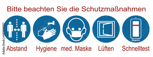 Hinweisschilder mit Schutzmaßnahmen gegen covid-19.