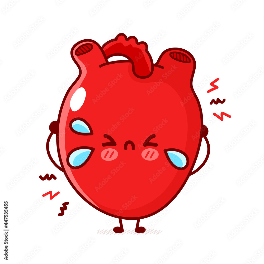 Cute sad cry human heart organ. Vector flat line doodle cartoon kawaii character illustration. Isolated on white background. Human sick heart organ, attack, risk cartoon mascot character concept Cute sad cry human heart organ. Vector flat line doodle cartoon kawaii character illustration. Isolated on white background. Human sick heart organ, attack, risk cartoon mascot character concept