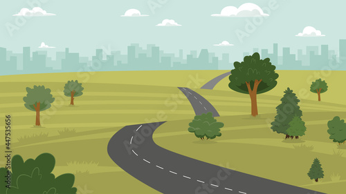 Vector illustration of counrtyside, hill, city and road