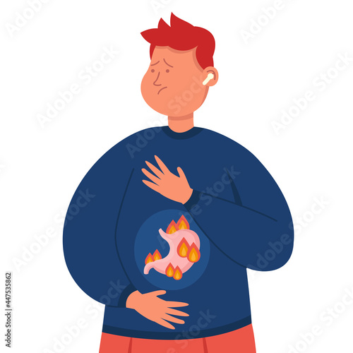 Cartoon man suffering from stomach problems. Flat vector illustration. Person having stomachache, gastritis, abdominal disease, pain, reflux, bloating. Gastroenterology, health, heartburn concept