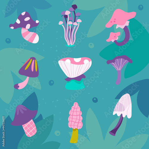 Mushroom vector set. Fantasy edible, inedible mushrooms, green forest. Doodle drawing. Hand drawn flat cartoon, сhildish t shirt, poster, greeting card print design, illustration. Leaves background. 