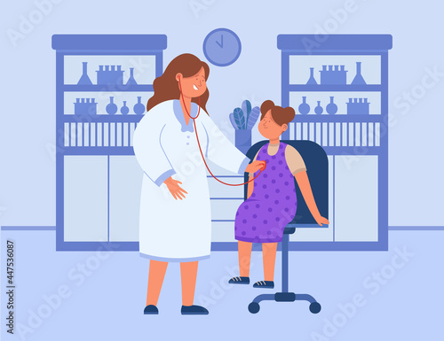 Cartoon doctor examining sick girl with stethoscope. Flat vector illustration. Child receiving skilled medical care, attending physical examination. Pediatrics, medical assessment, health concept