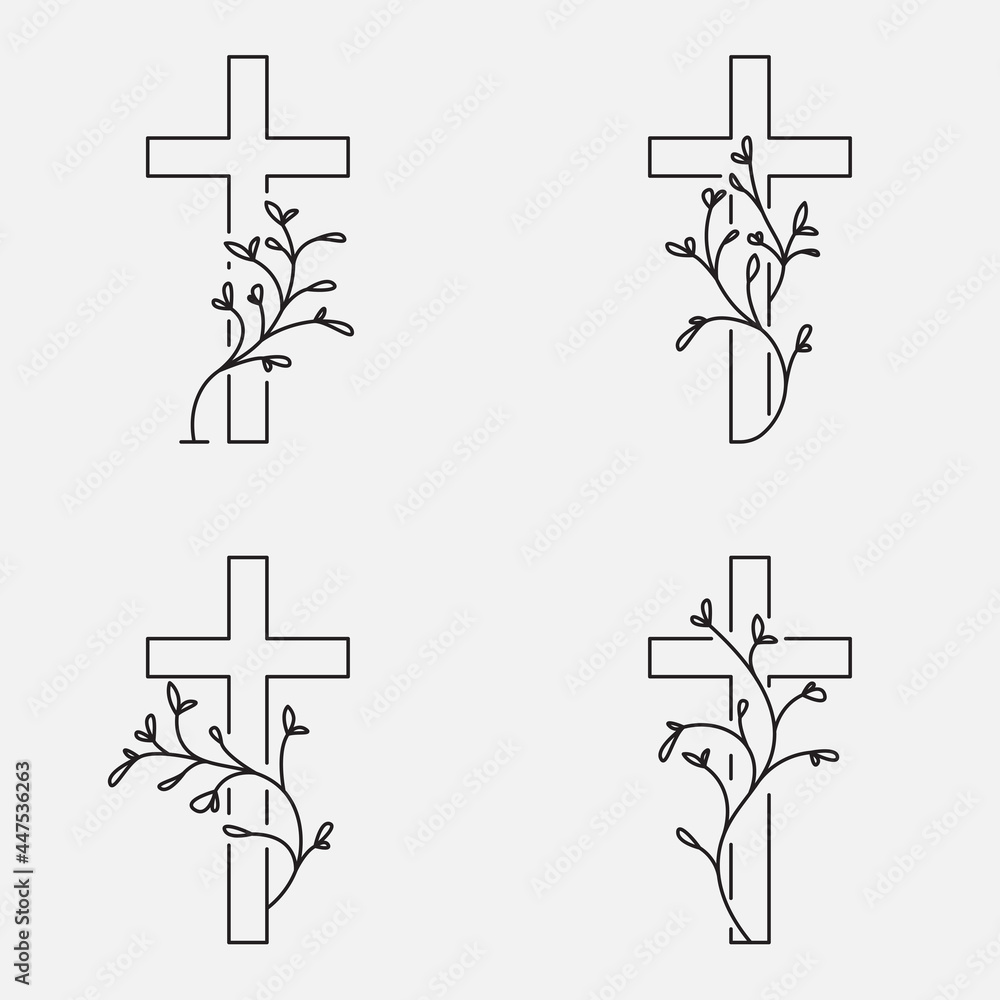 Cross collection, funeral design with flowers. Line art, editable