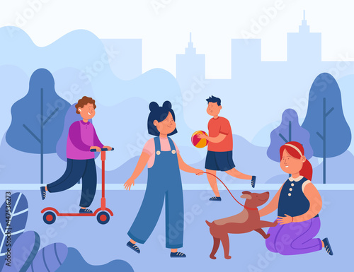 Cartoon children having fun in city park. Flat vector illustration. Kids playing football, riding scooter, walking dog in summer garden. Playground, childhood, activity, camp, vacation concept