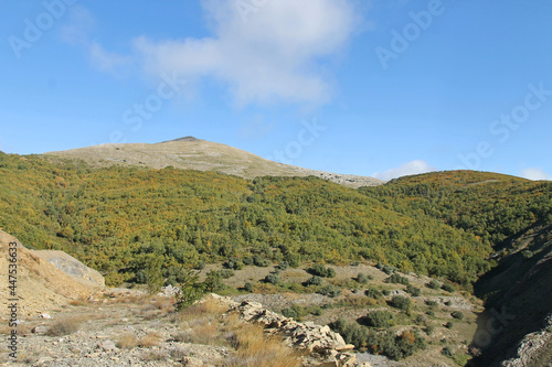 A view of the southern slope of the Cantabrian mountains covered with oak forests, near La Robla, León province (Spain)