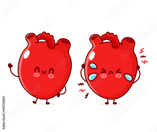 Cute funny happy and sad sick heart organ. Vector flat line doodle cartoon kawaii character illustration Isolated on white background.Human heart organ, anatomy,attack cartoon mascot character concept