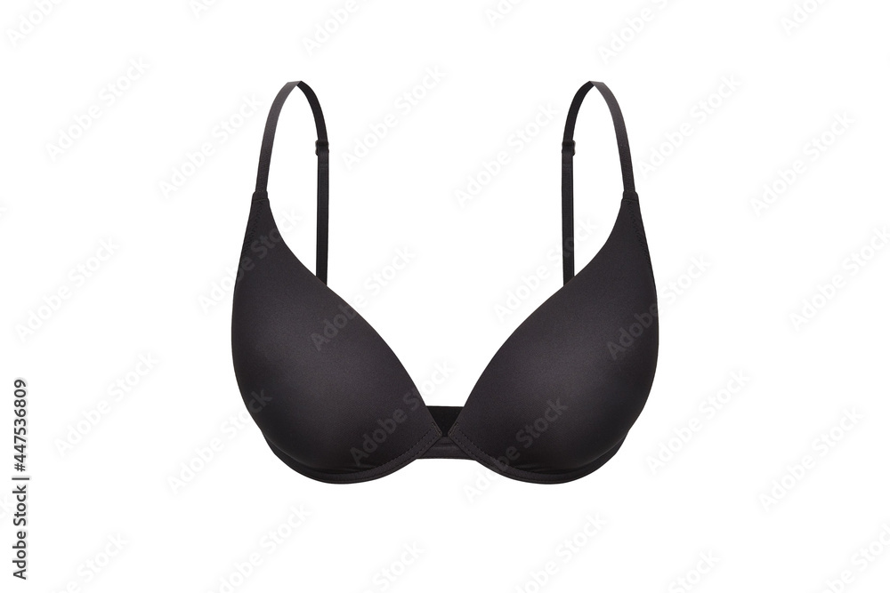 Black female bra isolated on a white background. Compression bra for breast. Breast support band. Closeup of elegant black push up woman underwear. Basic classic cotton everyday bra
