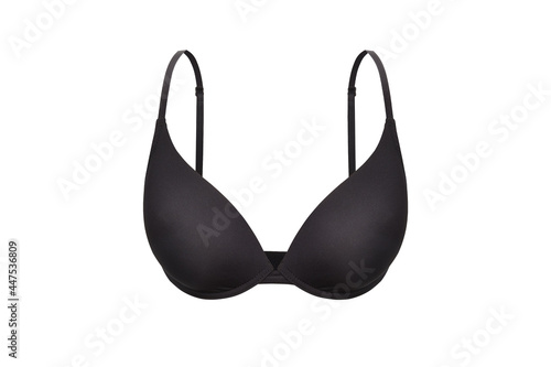 Black female bra isolated on a white background. Compression bra for breast. Breast support band. Closeup of elegant black push up woman underwear. Basic classic cotton everyday bra