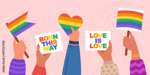 Different hands holding colorful banners at Pride Month. Flat vector illustration. Rainbow flags symbolizing gay, lesbian, transgender support. LGBT community, solidarity, identity, equality concept