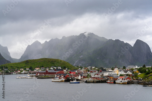 view of the village of Moskenes on the Lofoten Islands in Norway on a cloudy and rainy day