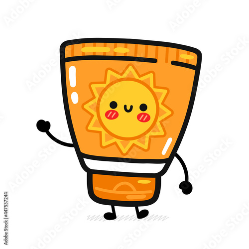 Cute funny suncreen tube. Vector flat line cartoon kawaii character illustration icon. Isolated on white background. Sunscreen, sun protection cream care,sunblock screen character concept