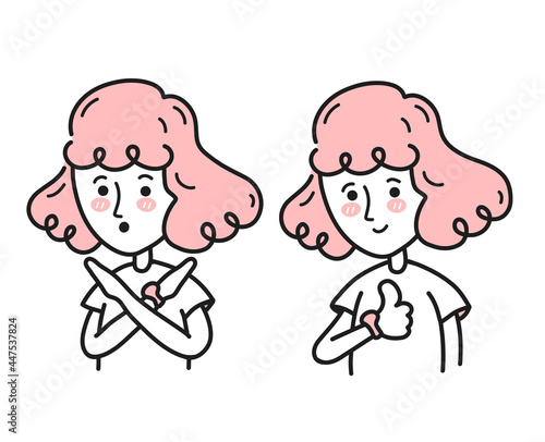 Young woman crossing arms saying no gesture show thumbs up. Vector doodle cartoon character illustration. Girl person making X shape,stop sign, negative and positive expression. Yes and no concept