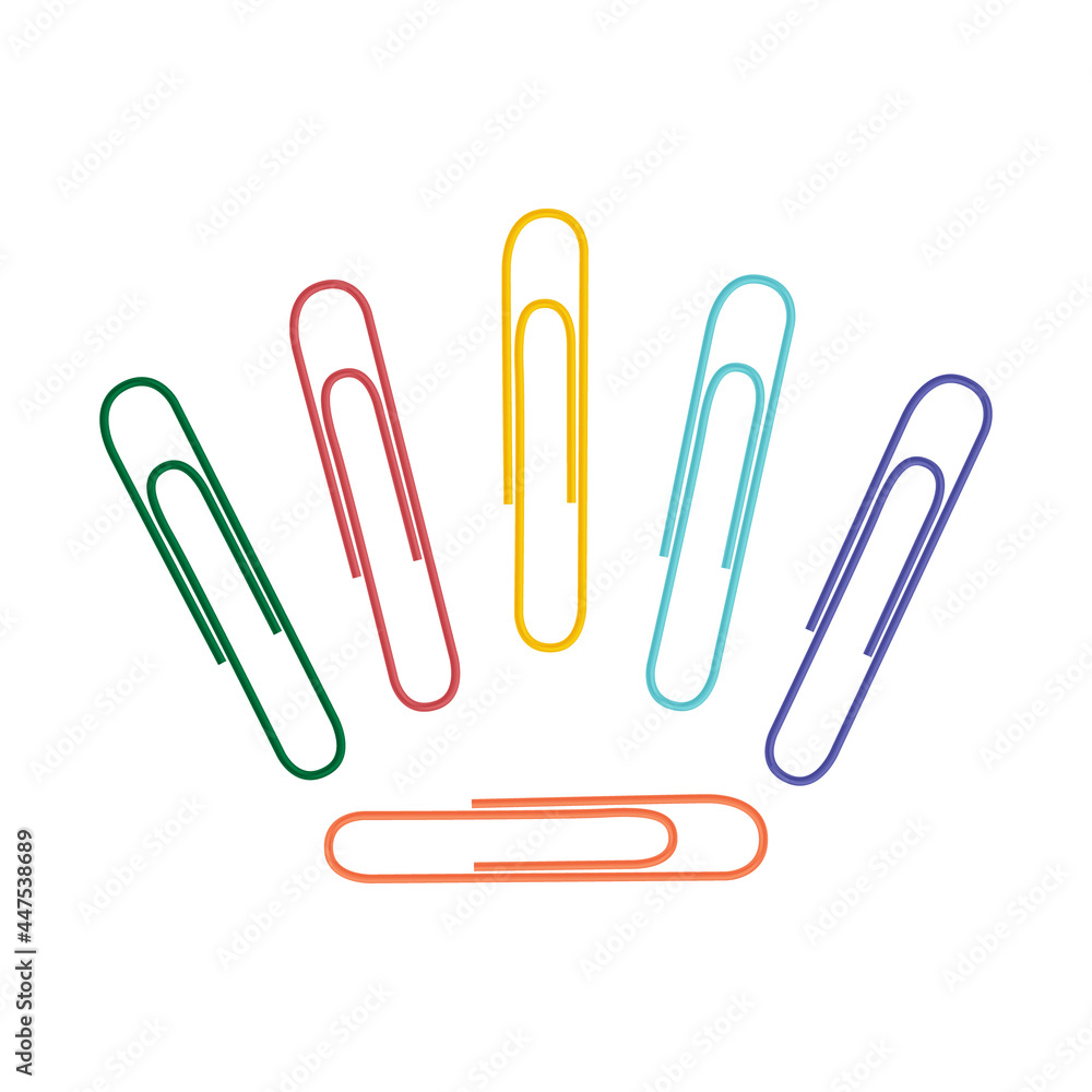 The image of paper clips of various colors. Colored paper clips for stapling paper and other stationery items. School stationery. Vector illustration isolated on a white background The image of paper clips of various colors. Colored paper clips for stapling paper and other stationery items. School stationery. Vector illustration isolated on a white background