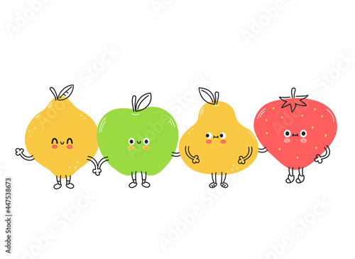 Cute funny lemon,strawberry,pear,apple fruits. Vector hand drawn cartoon kawaii doodle character illustration icon. Lemon,strawberry,pear,apple cartoon character concept. Isolated on white background