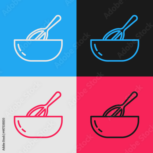 Pop art line Kitchen whisk and bowl icon isolated on color background. Cooking utensil, egg beater. Cutlery sign. Food mix symbol. Vector
