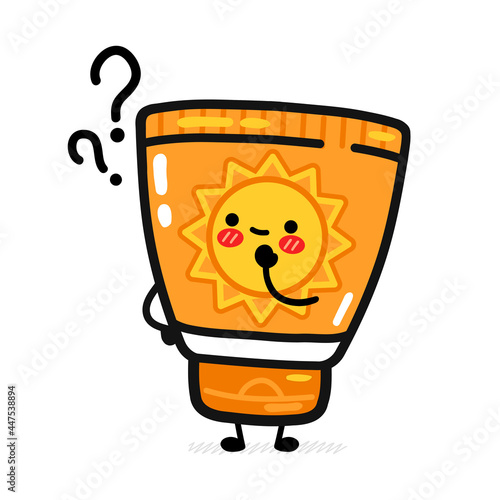 Cute funny suncreen tube with question marks. Vector flat line cartoon kawaii character illustration icon. Isolated on white background. Sun protection cream care,sunblock screen character concept