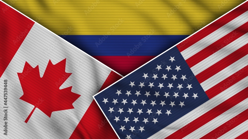 Fototapeta premium Colombia United States of America Canada Flags Together Fabric Texture Effect Illustration