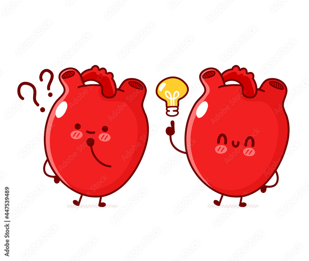 Cute funny human heart organ with question mark and idea lightbulb. Vector line doodle cartoon kawaii character illustration. Isolated on white background. Human heart organ cartoon mascot concept
