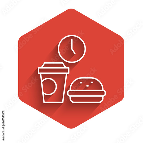 White line Fast food time icon isolated with long shadow. Red hexagon button. Vector
