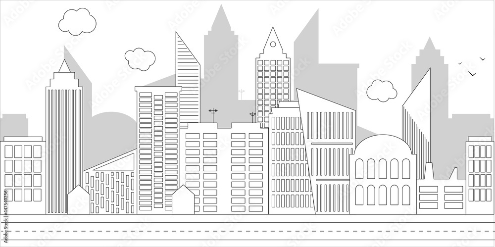 Black and white panorama of an industrial city. Vector illustration of geometric shapes. Can be used as a background on the site, as a coloring or label decoration.